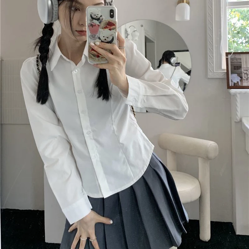 Women's White Shirt Korean Preppy Style Long Sleeve Turndown Collar Blouse Woman 2026 Botton-Up School Uniform Jk Shirts Girls