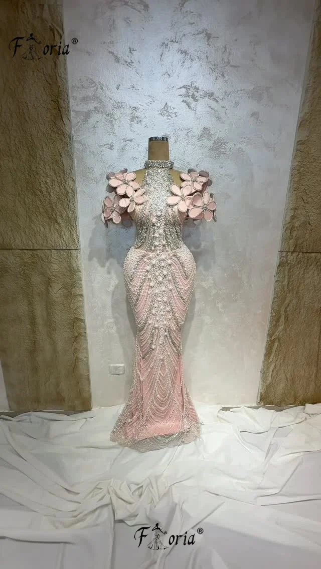 

Couture Blush Pink Beading Mermaid Evening Dress Pearls 3D Floral Details Formal Elegance Wedding Gown Robe de mariee Customized