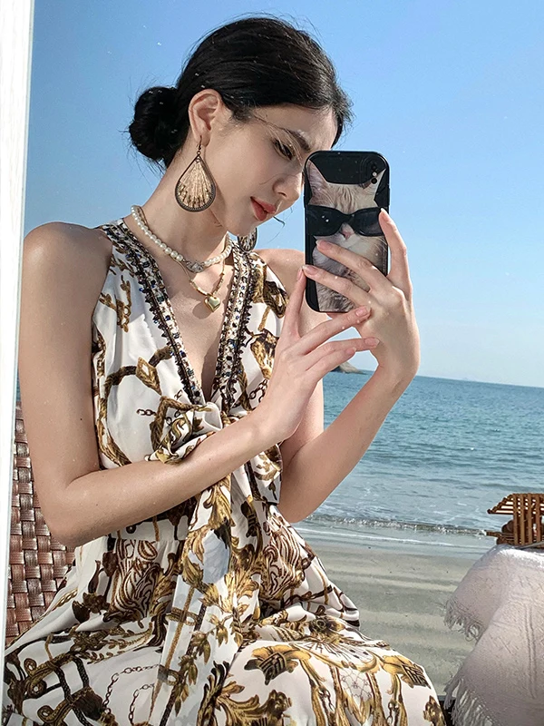 فستان صيفي طويل للنساء بتصميم بوهيمي وياقة على شكل V وأحزمة، أنيق وراقي، مناسب للشاطئ والإجازات