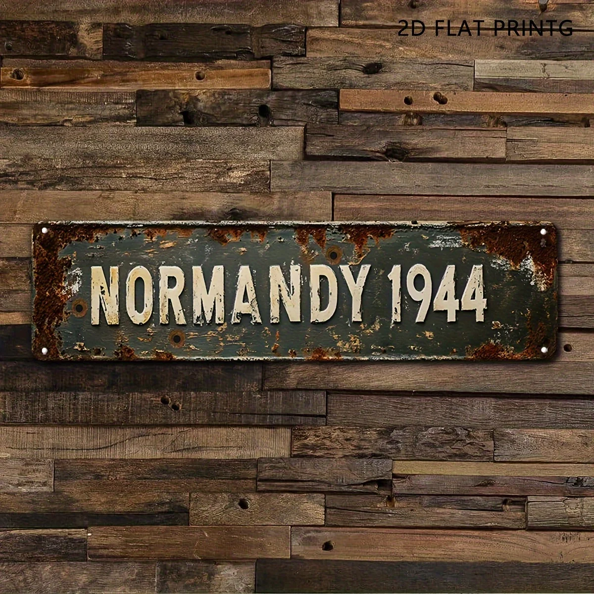 1 Normandy 1944 Landmark Retro Iron Sign - Old-Fashioned Military Tin-Like Weathered Green And White Metal Sign for Garage
