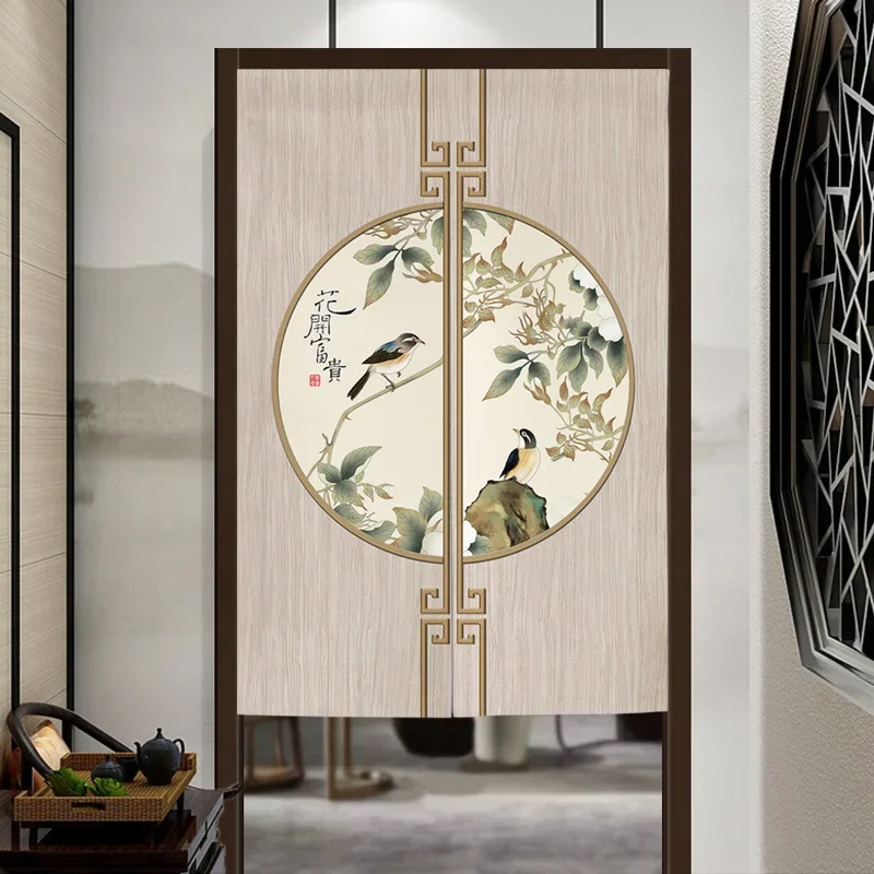 Chinese Ancient Style Flower and Bird Pattern Door Curtain Entrance Partition Household Bedroom Bathroom Hanging Curtain