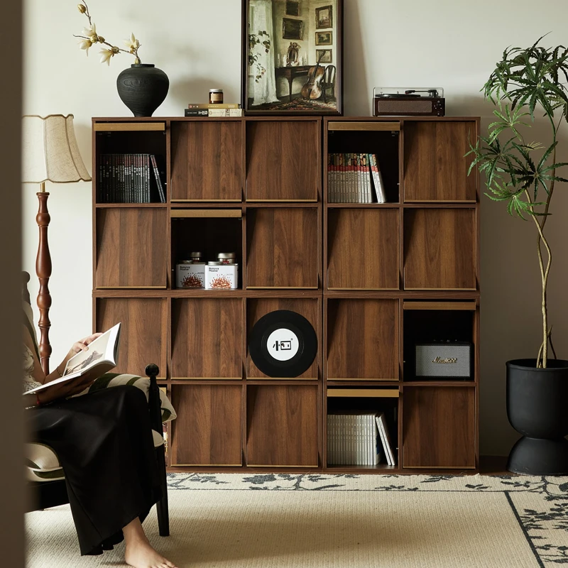Small four solid wood combination bookcase, medieval walnut edge cabinet