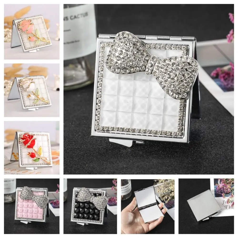 Beauty Mirror Metal Square Mirror Rose Rhinestone Decor Portable Mirror Double-sided Cute Pocket Mirror Students