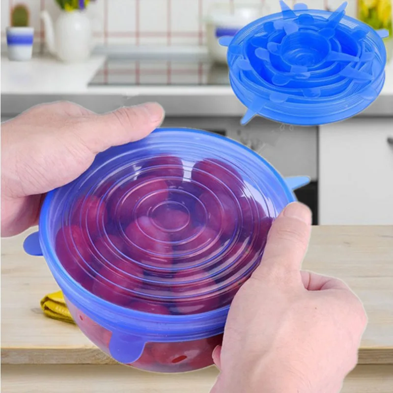 6Pcs/lot Food Adjustable Elastic Silicone Cover Cap Universal Expandable Lids for Cans Dishes Bowl Reusable Stretch Kitchen