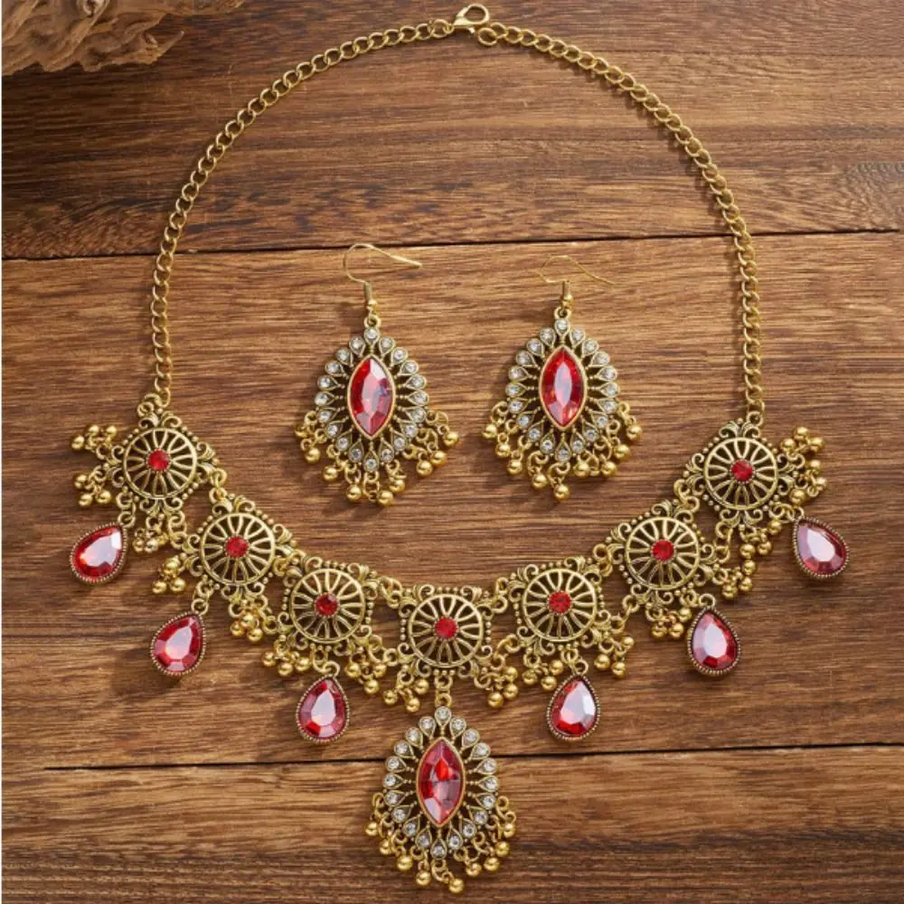 

Water Drop Pendant Hollowed-out Tassel Jewelry Set Hollowed Out Rhinestone Inlaid Women Jewelry Set Ethnic Style Vintage