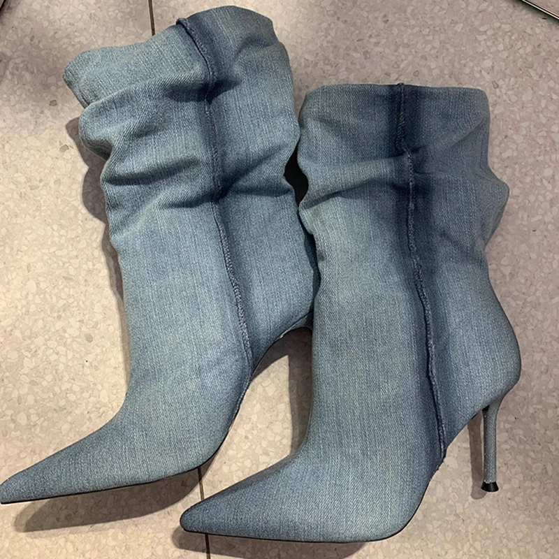 Denim Wrinkle Boots Stiletto Heels Pointed Toe Mixed Color Unique Mid Calf Booties Western Cowboy Fashion Autumn Women Shoes