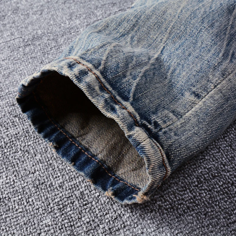 Fashion Designer Men Jeans High Quality Retro Washed Blue Slim Fit Ripped Jeans Homme Embroidery Patched Vintage Denim Pants Men
