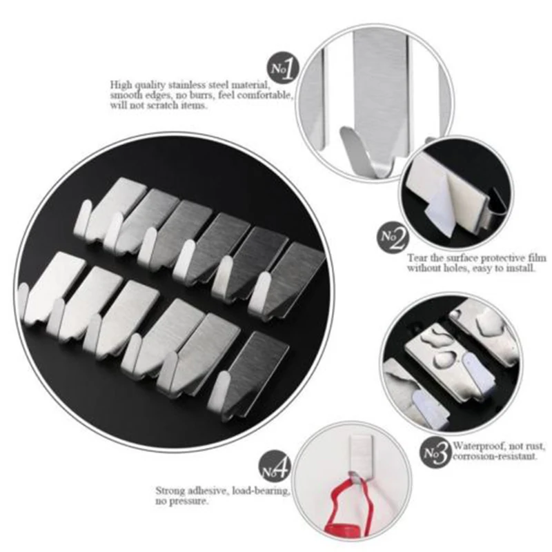 12Pcs Stainless Steel Wall Hooks for Bathroom Door No Drilling Needed Rustproof & Strong Hold Organize Towels Robes Hangers