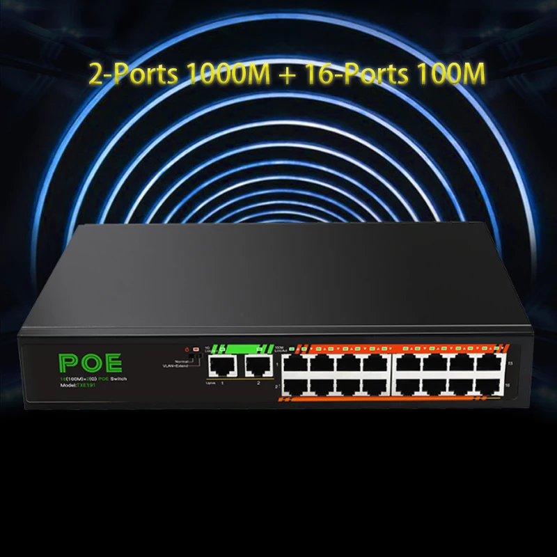 

16ports 100M+2ports 1000M Ethernet Gigabit Network Switch Ethernet Smart Switcher power supply POE switch VLAN Internet Splitter