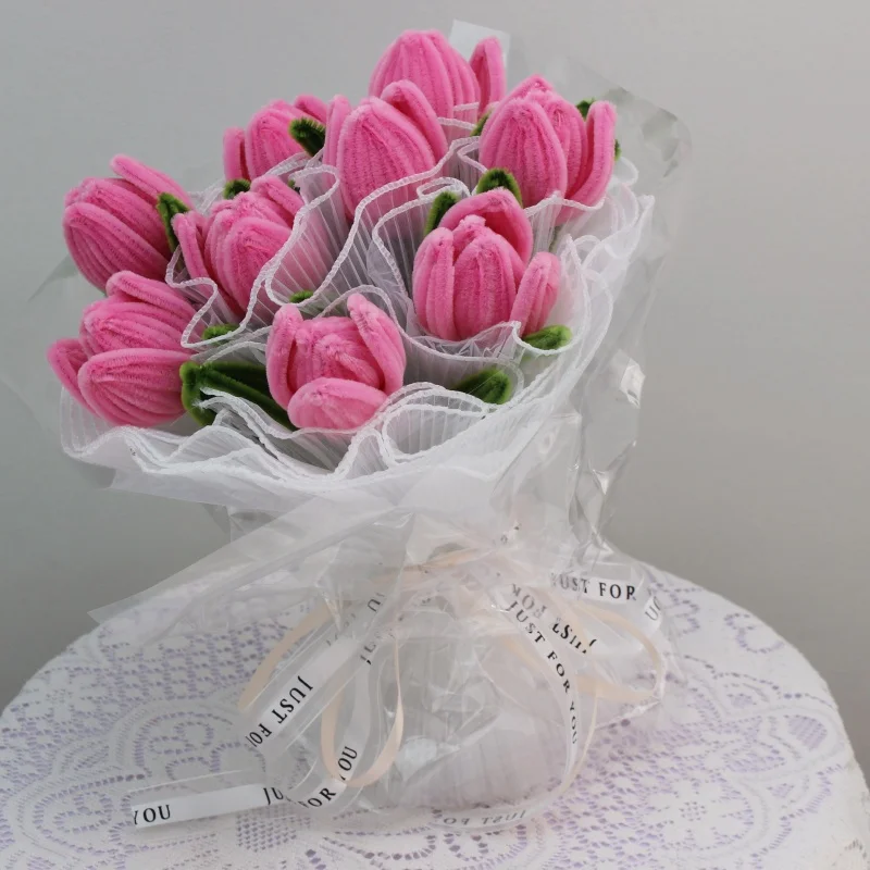 PIPE 9 Pcs Pink Tulip flower Bouquets Handmade Artificial Flower Christmas‘ Day Gifts Pink Fake Flowers Home Decor