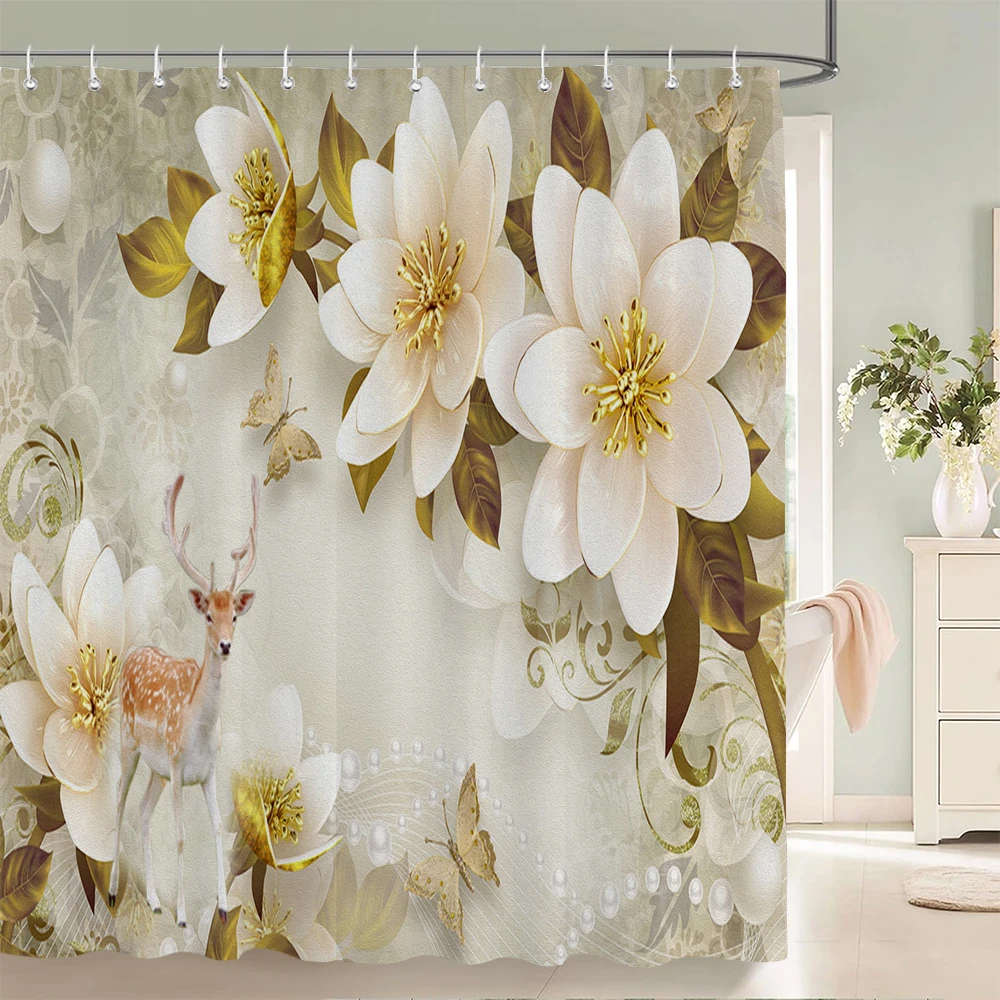 

3D European beautiful flower printing bathroom curtain waterproof polyester shower curtain home decoration curtain with hooks