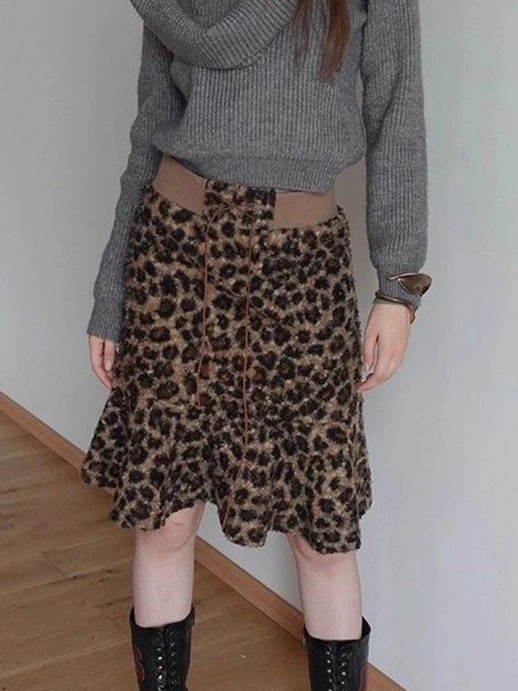 Y2K Streetwear Leopard Skirt Women Vintage High Waist Lace Up Harajuku Skirts Sexy High Street Hottie Autumn Winter New Skirt