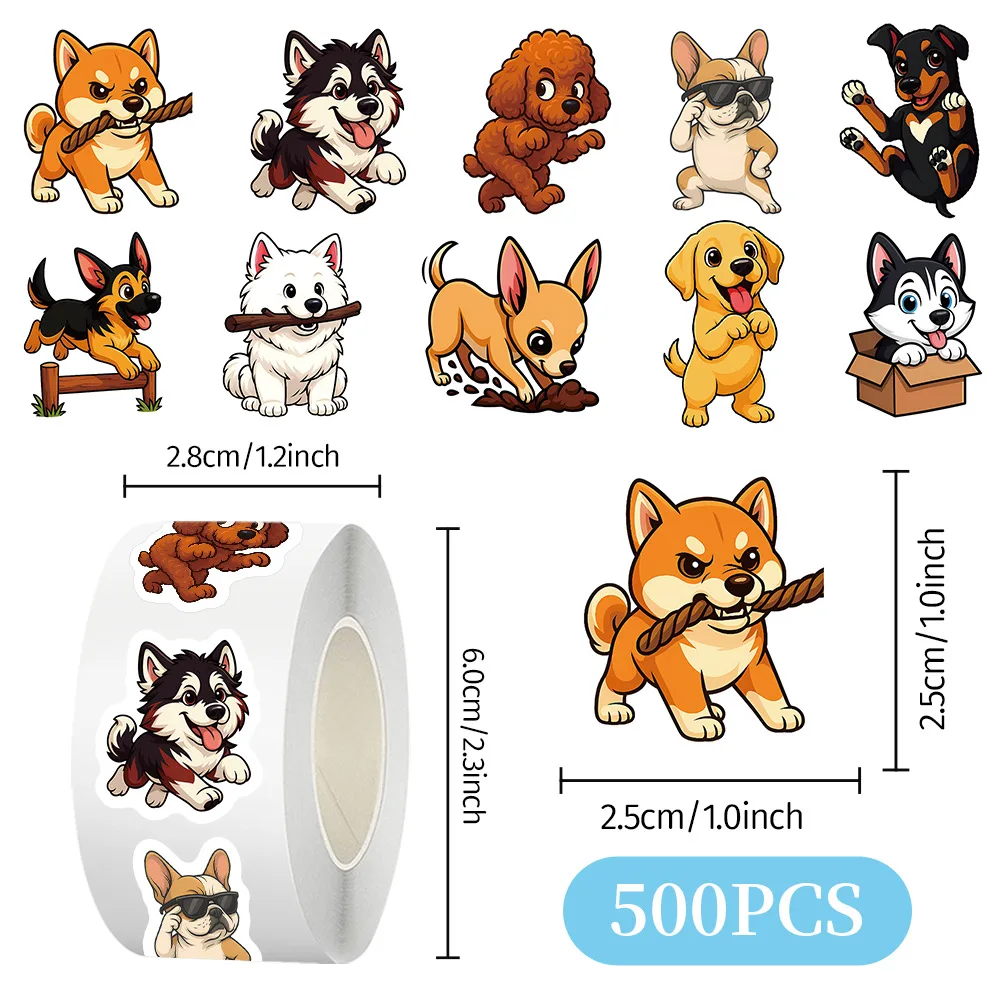 

500Pcs/Roll Cute Dog Sealing Stickers Kawaii Animal Cartoon Roll Decal Notebook Phone Guitar Cup Skateboard Sticker Waterproof