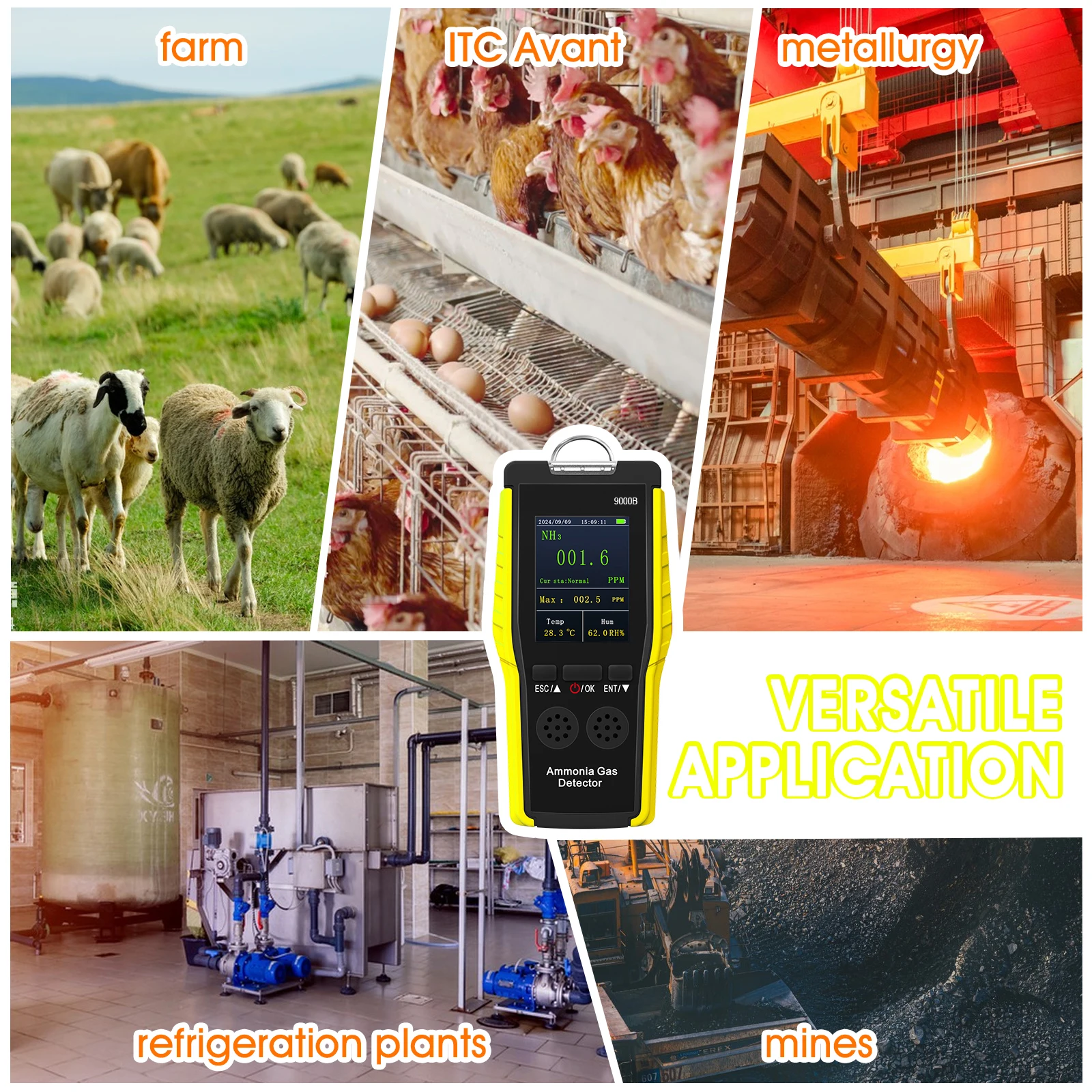 HOLDPEAK draagbare ammoniakgasdetector, 0-100 ppm oplaadbare NH3-analysator met LCD-scherm, dubbel alarm, temperatuur- en vochtigheidsweergave