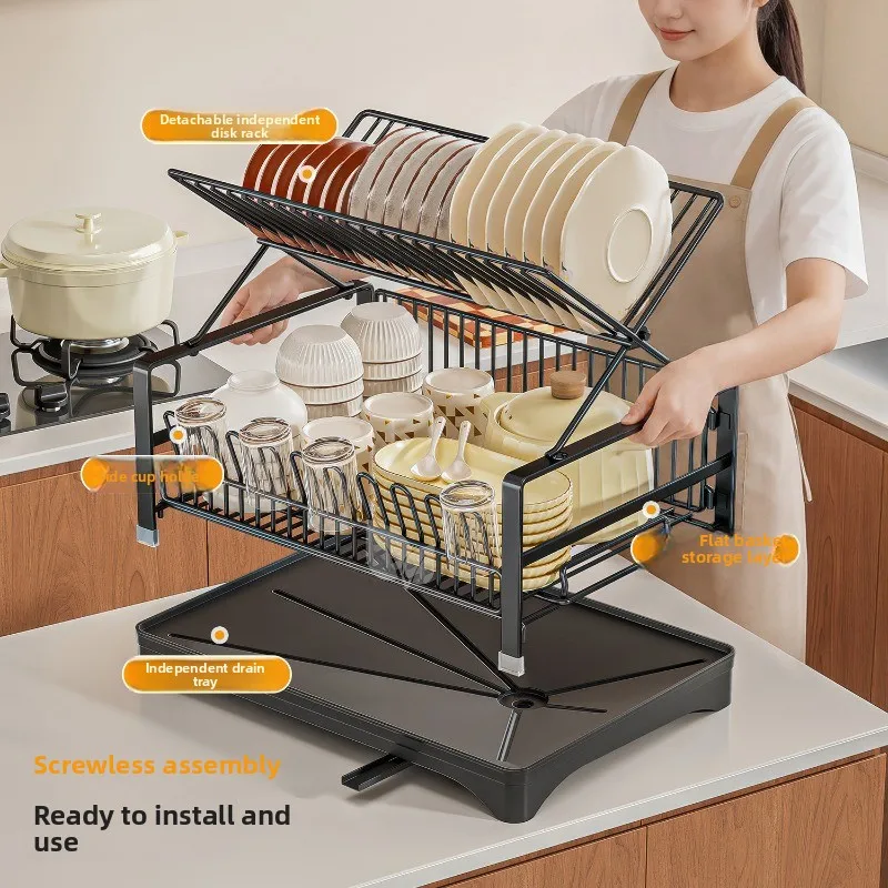 Metal 2 Tier Cross Disc Racks Drainer Rack Kitchen Countertop Tableware Organizer with Drainage Trough for Home Daily Use