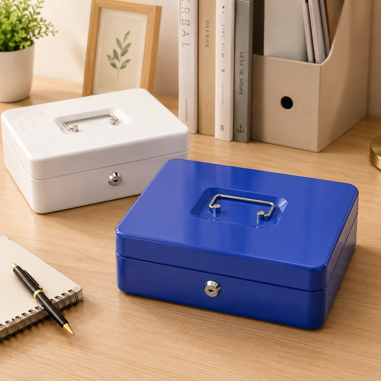 Lockable Metal Cash Storage Box With Detachable Coin Tray Large Capacity Safe Box For Home Saving Small Valuables Storage