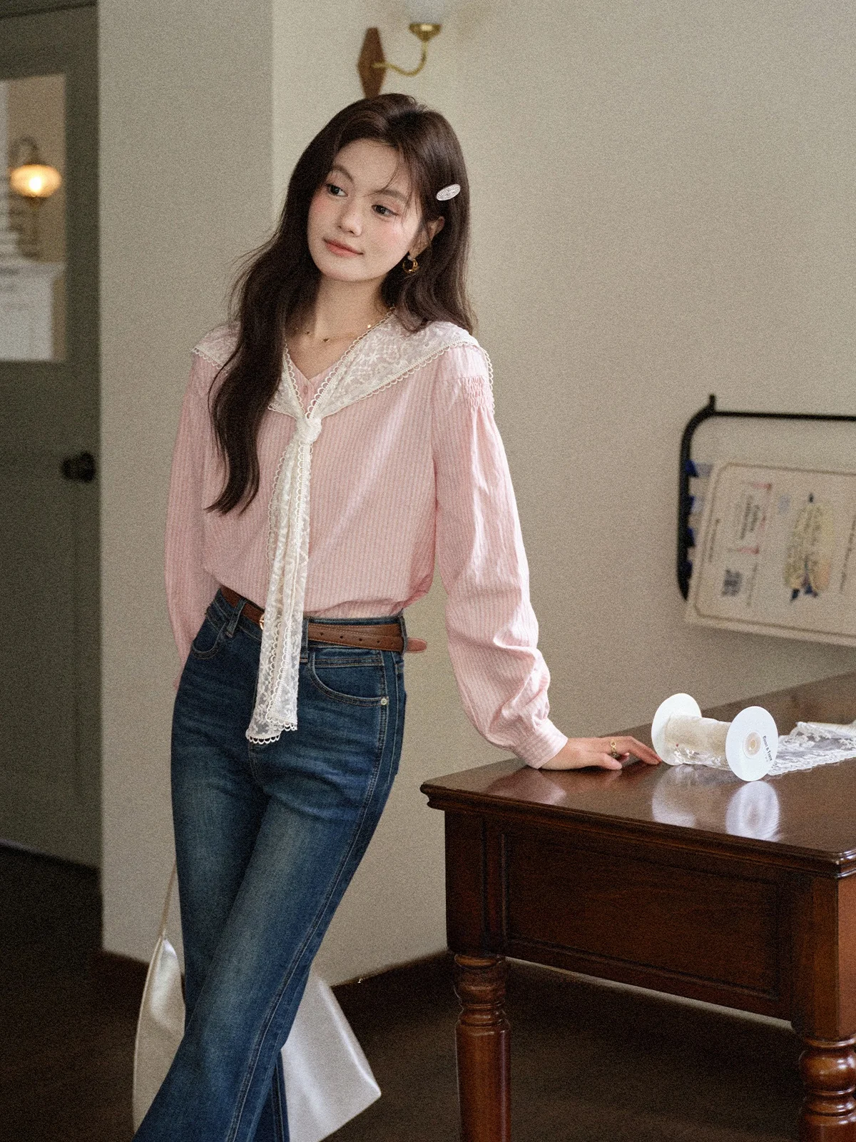 

Розовые полосатые V-Ne Long Sve irt, женские модные французские сле, свободный крой, теплые женские сумки, осеннее новое поступление