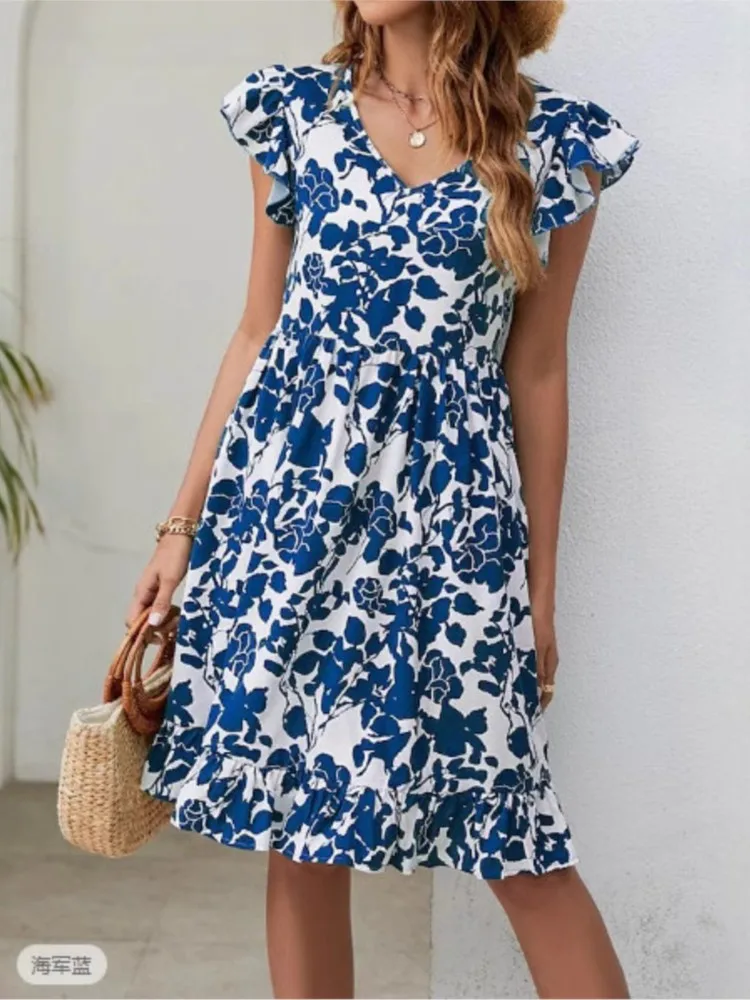 Abito estivo casual con stampa floreale Boho senza maniche con scollo a V Abito da donna con volant allentato femminile Mini abiti da donna Robe Femme