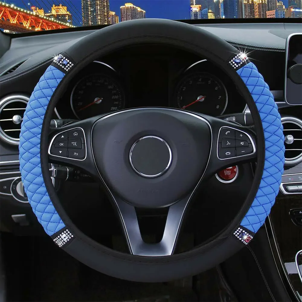 1pc Universal Car PU Leather Diamond 15''/37-38cm Steering Wheel Cover Multiple Colors Automotive Interior Accessories for Benz