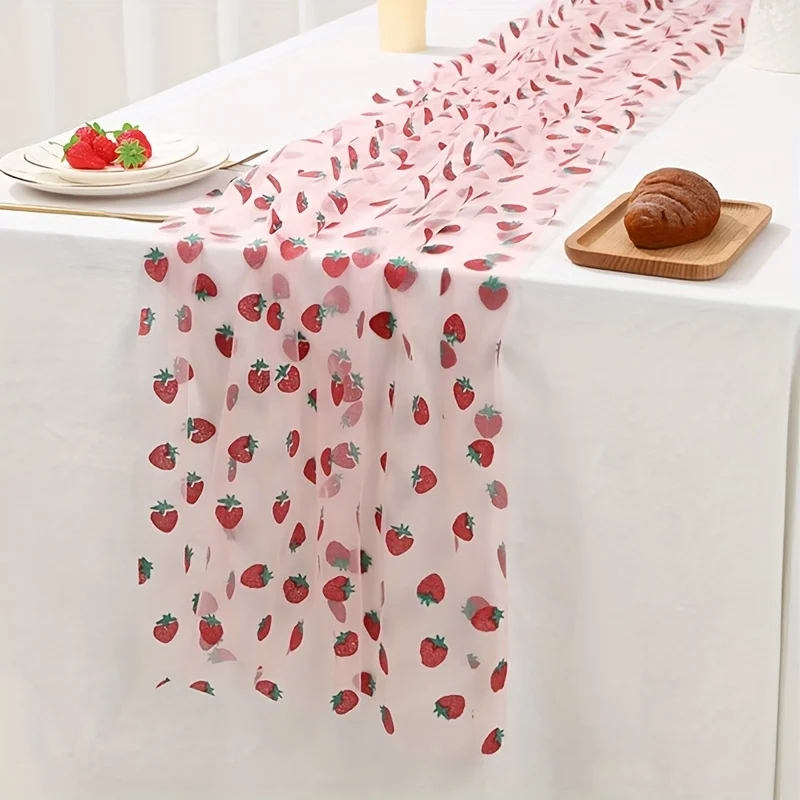 1 Piece, Pink Strawberry Mesh Tablecloth, Polyester Exquisite Pink Base with Red Strawberry Pattern Mesh Table Runner, Suitable for Strawberry Birthdays, Wedding Parties, Christmas, Easter, Valentine's Day - 70.8inch X