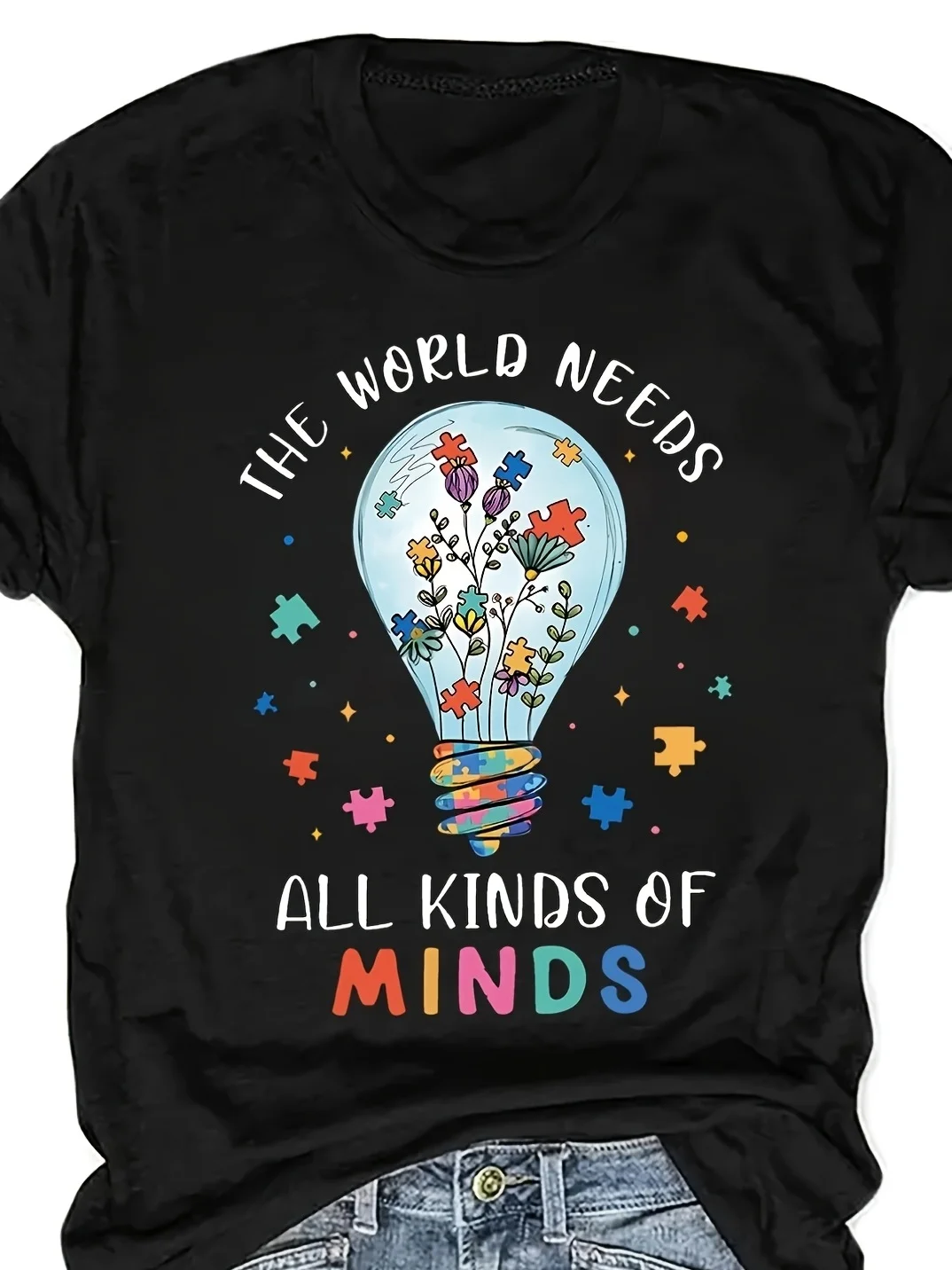 Women's Autism Awareness Neurodiversity Graphic Print T-Shirt The World Needs All Kinds of Minds Floral Design Tees Tops Clothes