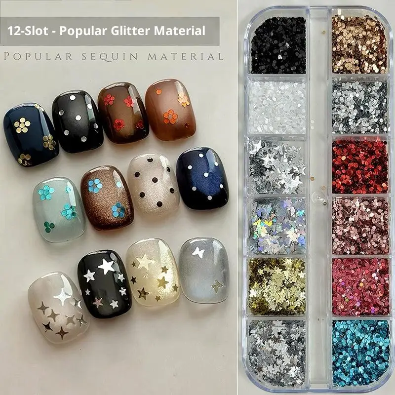 12 Fächer Mini-Pailletten mit Tupfen, Schmetterlingen, Sternen, Herzen, Glitzerpulver, Nagelkunst-Charms, Dekorationen, gemischte Aufkleber, Maniküre-Werkzeug – Detail 1