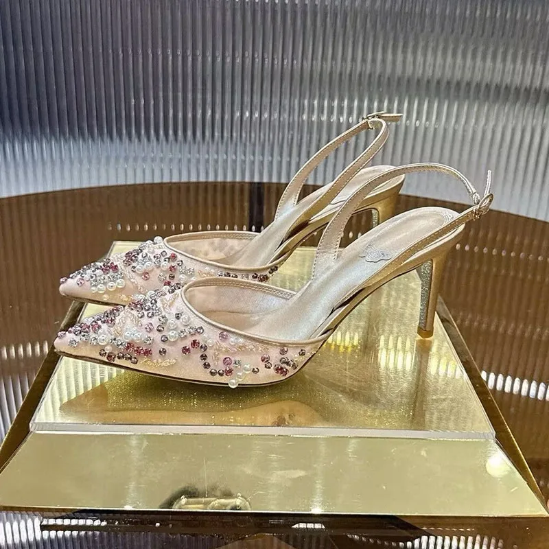 Women Bling Crystal Mesh Pointed Toe Pumps Summer Shallow Mouth Thin High Heels Slingback Sandals Banquet Dress Wedding Shoes