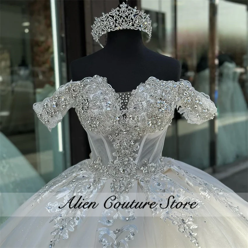 Sparkly White Diamonds Quinceañera Dresses Off The Shoulder Princess Ball Gown Corset Applique Vestidos De 15 Años  Customized