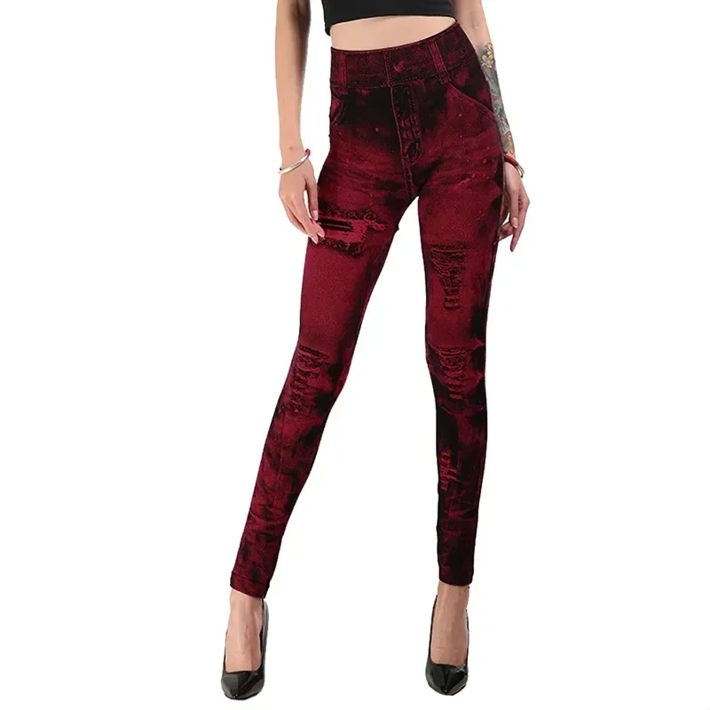 Women\'s High-Waist Imitation Jeans Stretch Leggings Slim Fit Push-Up Gym Streetwear Casual Fashion Ladies\' High Waist Leggings