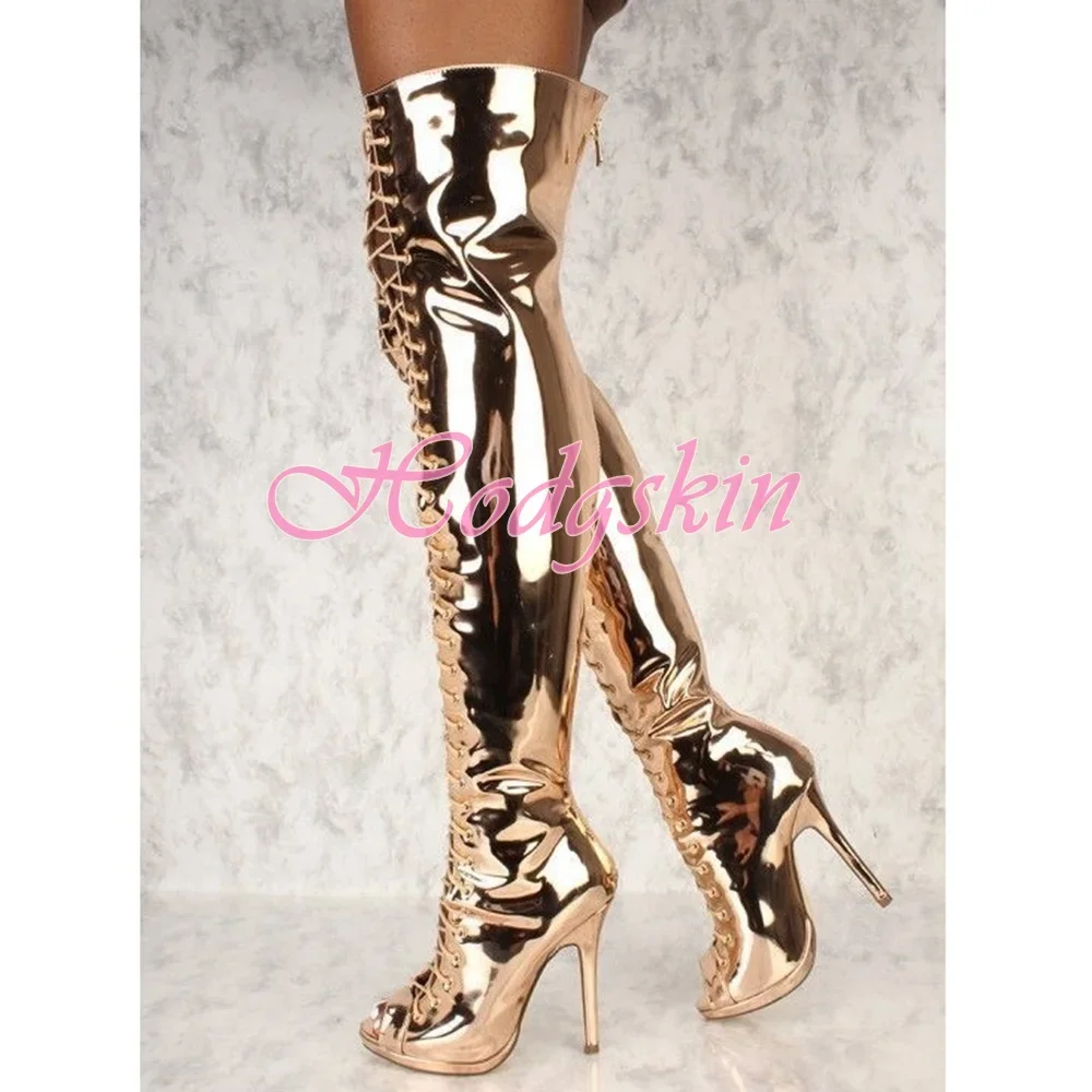 Shiny Leather Lace Up Boots Peep Toe Stiletto Heels Hollow Women Party Shoe Over The Knee Solid Patent Autumn Runway Zipper Boot
