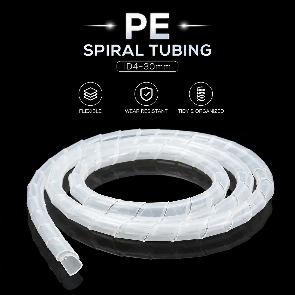 White PE Spiral Wrapped Sheath, Inner Diameter: 4~30mm, Wire and Cable Protection Sheath Insulation, Wear-resistant and Flexible