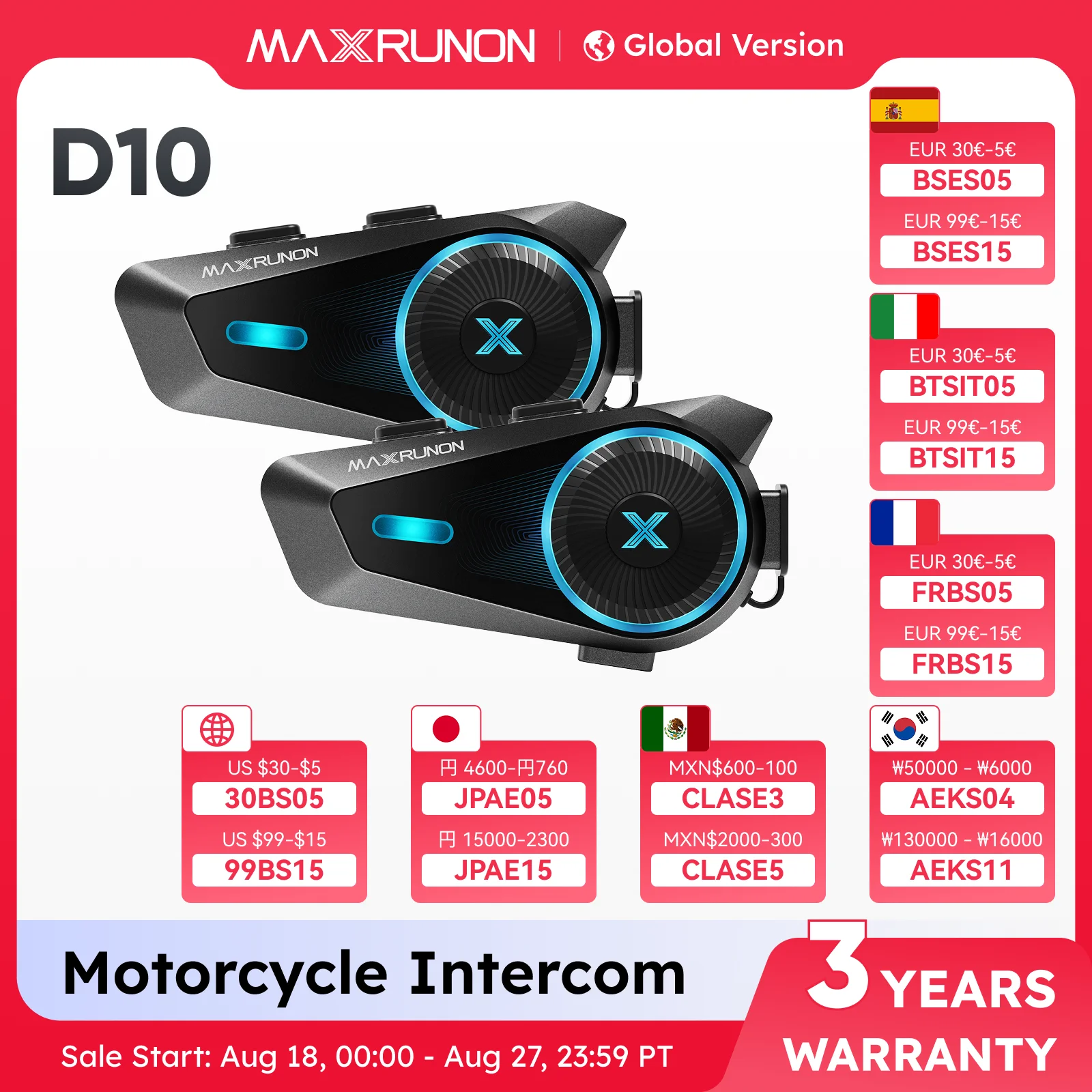 

MAXRUNON D10 Motorcycle Bluetooth Intercom Helmet Headset 4 Riders Moto Group Interphone App AI Voice Control ENC IPX7 FM BT5.4