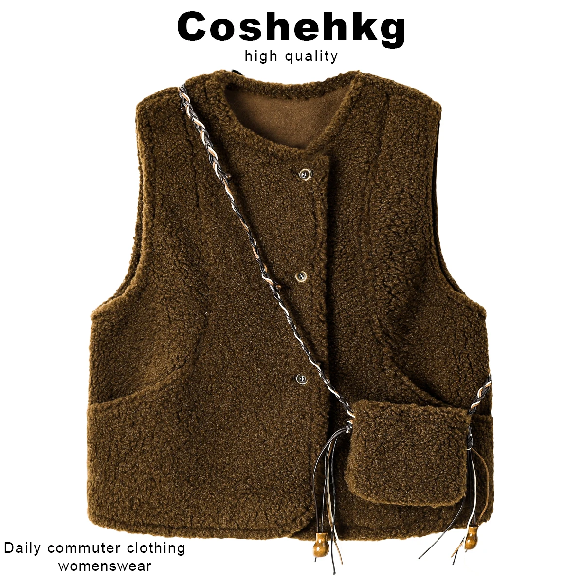 Coshehkg Retro Style Lamb Fur Suede Vest Women's Sleeveless Jacket Winter New Fashion Layering Vest Tank Top round Neck Singl...
