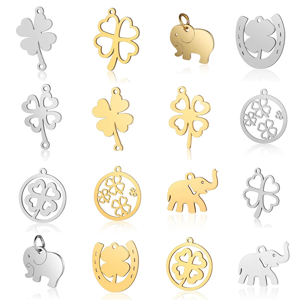 10pcs/lot Lucky Symbol Four Heart Flower DIY Charms Wholesale 316 Stainless Steel Horseshoe Pendant Elephant Connectors Charm