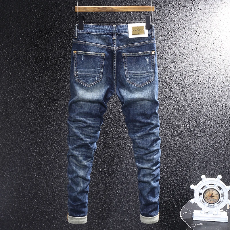 Street Designer Fashion Men Jeans High Quality Retro Blue Stretch Slim Fit Ripped Jeans Patched Vintage Y2K Denim Pants Hombre