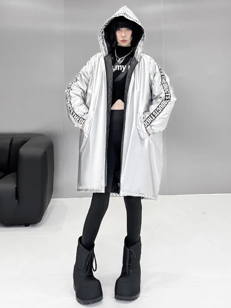 XITAO Solid Color Hooded Zipper Women Parka Full Sleeve Print Letter Casual Fashion Loose Female Silvery Parka Winter ZYY1087