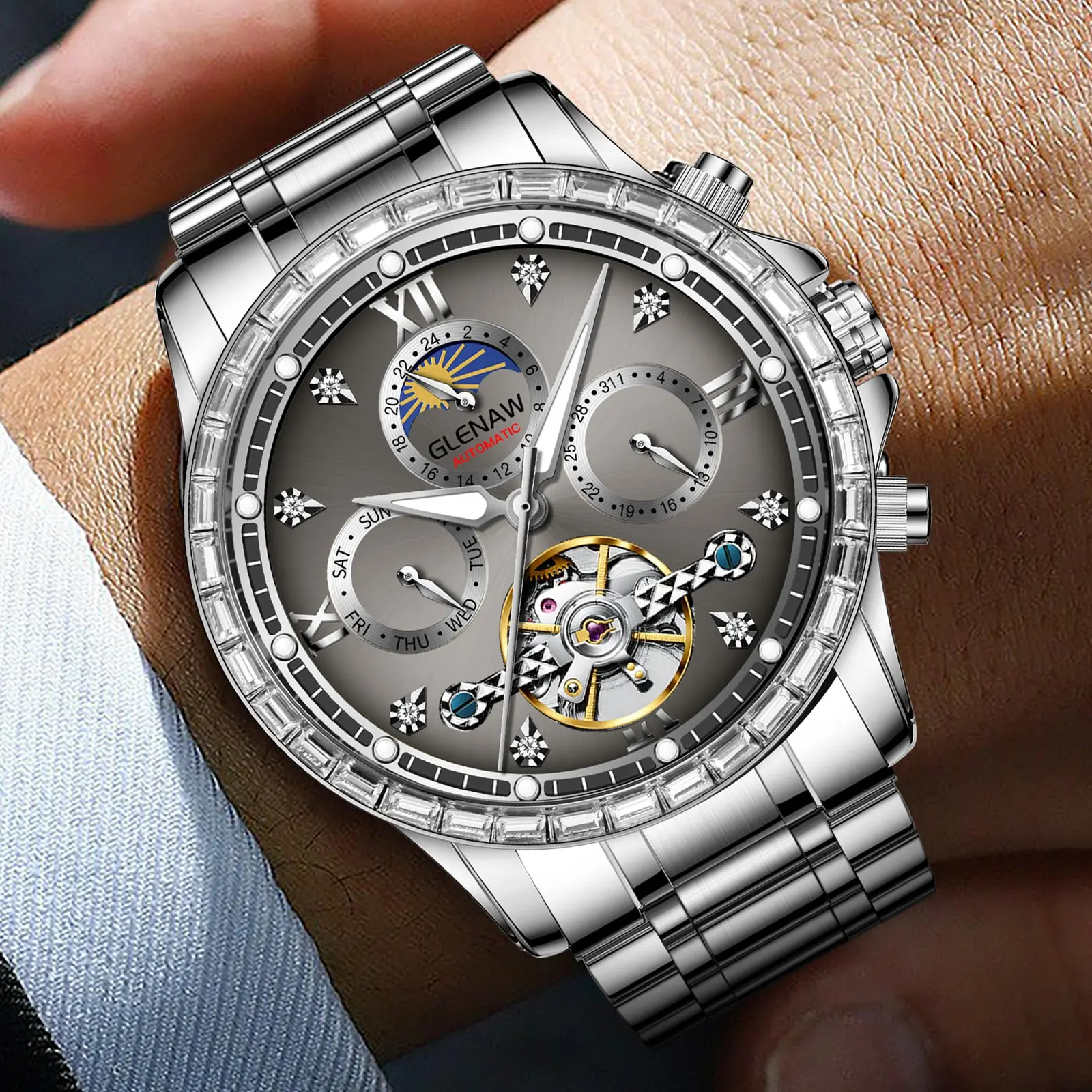 ساعة Glenaw من أفضل العلامات التجارية الأوتوماتيكية بالكامل متعددة الوظائف ميكانيكية للرجال، ساعة مقاومة للماء