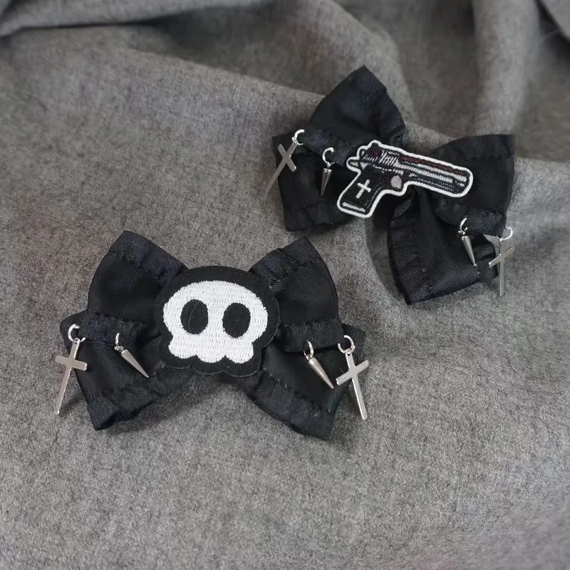 1 pc 어두운 고딕 스타일 펑크 크로스 해골 총 검은 Bowknot 헤어 그립 헤어 액세서리 여성용 헤어 클립 파티 선물