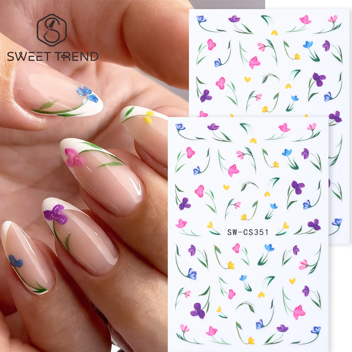2 Stück Einfache Ranken- und Blumen-3D-Nagelaufkleber Französische Blätter Bunte Kleine Blumen Slider Trendiges Elegantes Design Aufkleber Maniküre-Dekor