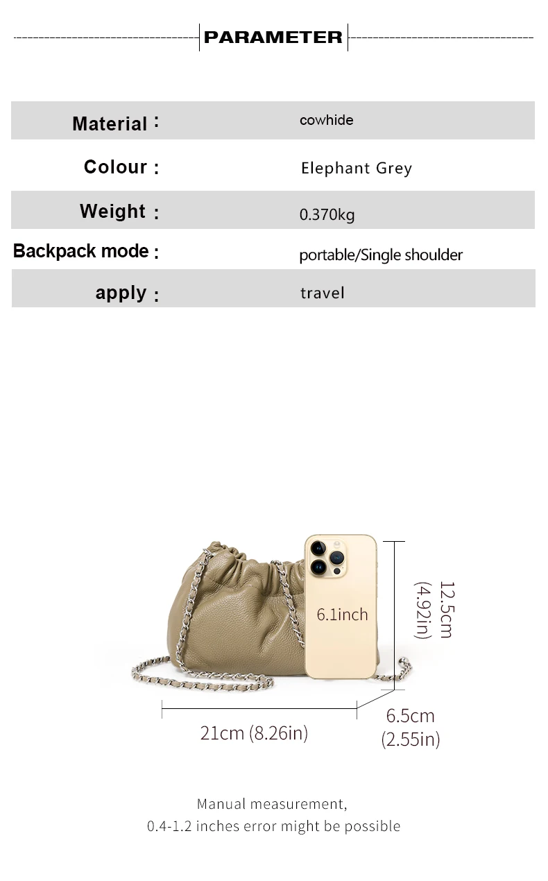 Leichte Litchi-Textur Echtes Kuhleder Cloud Bag Damen Kordelzug Tasche mit Raffdesign Metallkette Crossbody Mini-Geldbörse – Detail 4