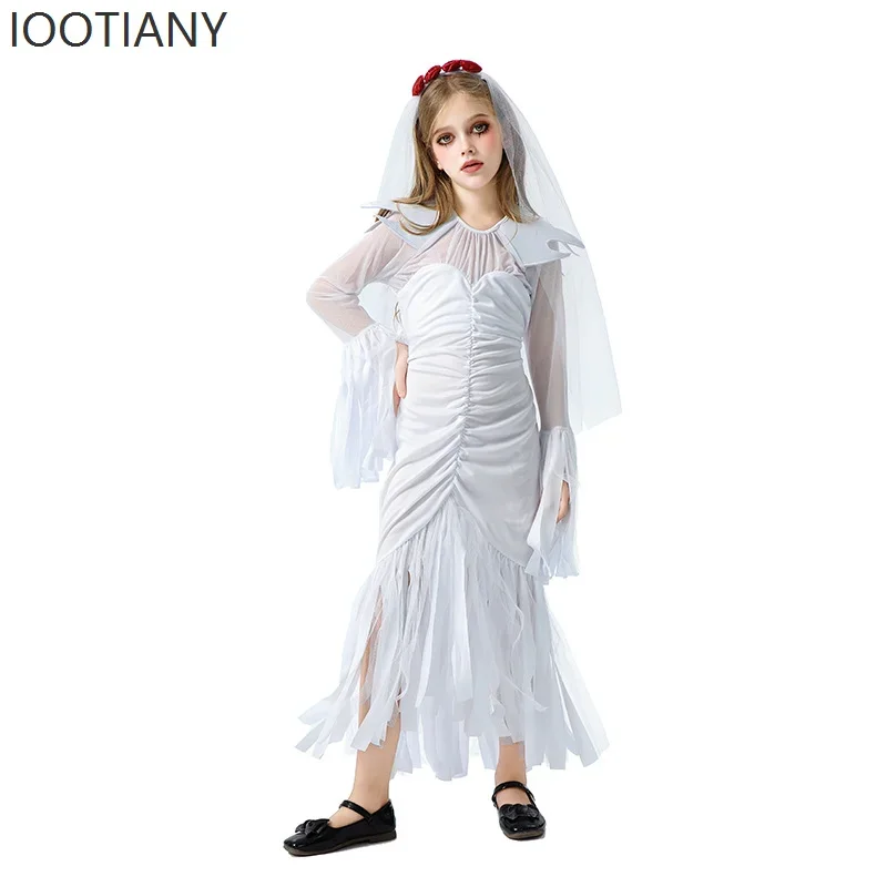 CosplayHalloween الأطفال زي شبح العروس الساحرة زي تأثيري مضحك فستان أبيض كرنفال حفلة فتاة مرحلة الأداء Co