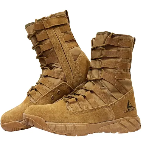LAHORS ®   Botte de Combat tactique légère en cuir suédé pour hommes, chaussures de randonnée en plein air dans le désert, bottines respirantes fabriquées par l'homme
