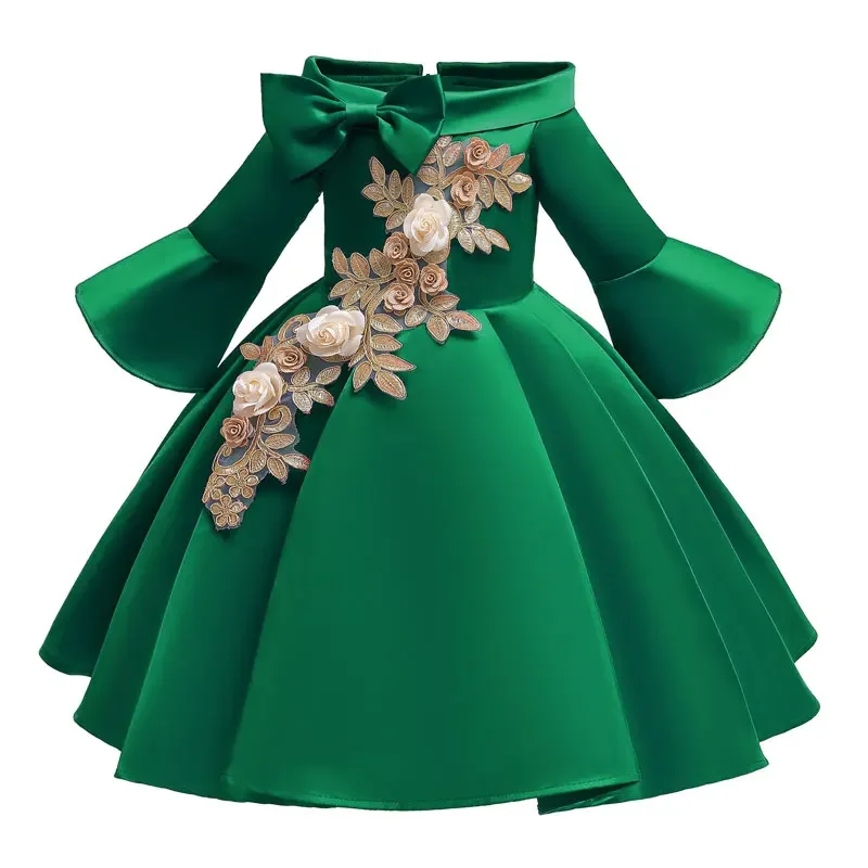 Fashion Floral Flower Girl Dresses for Weddings Solid Children Clothing Girls Dresses Long Seleve Kids Clothing Princess Dress