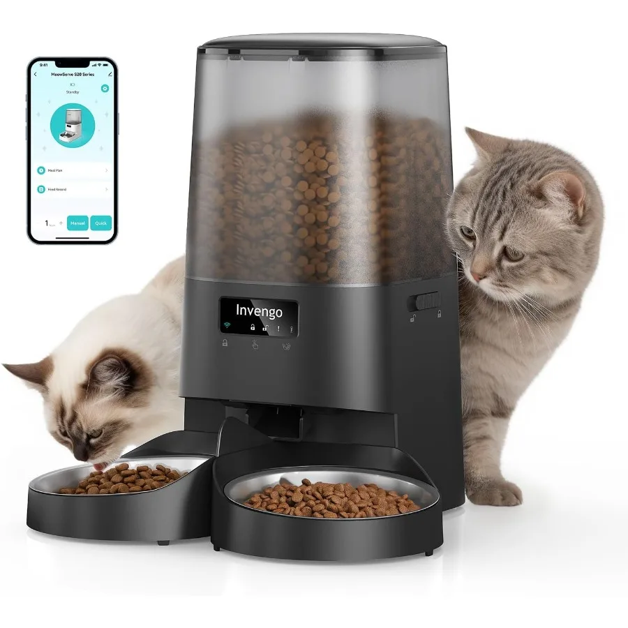 

Automatic Cat Feeder for 2 Cats with Stainless Steel Bowls and Patented AntiJam Port 5L Pet Food Dispenser with Dual Lock Lid A