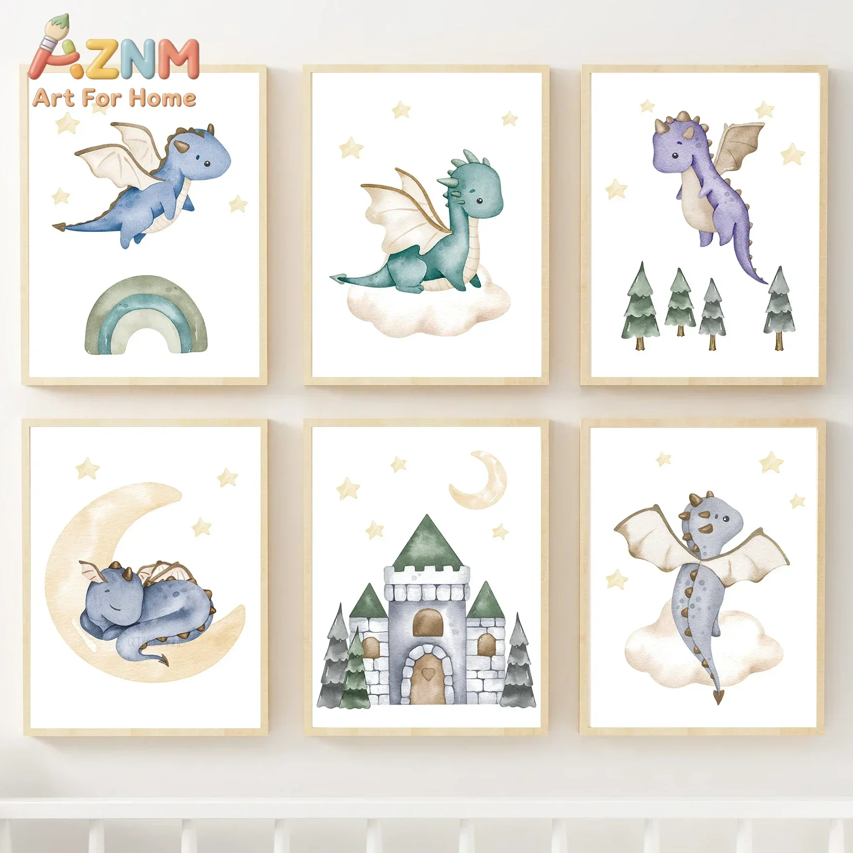 AZNM Watercolor Cute Dragon Canvas Wall Art Print Castle Moon Star Rainbow Forest Poster Unframed Canvas Painting for Baby Nurse