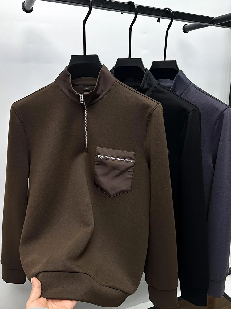 

Casual Zip-Up Hoodie Men's Long Sve Stand Collar Base irt Spring 2024 Faion Urban Sle Slim Fit Polyester Blend