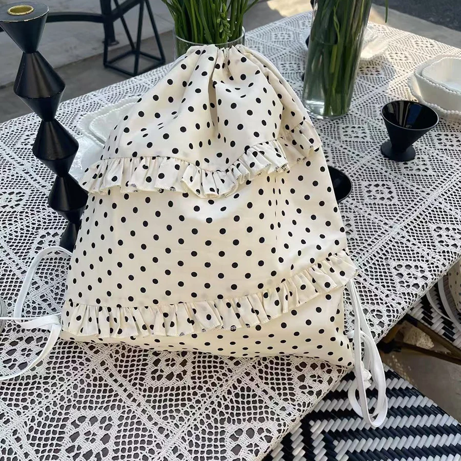 InS-style Drawstring Irregular Lace Polka Dot Backpack For Women Unique Design Sweet Y2k Vintage Preppy Schoolbag Mochilas Mujer