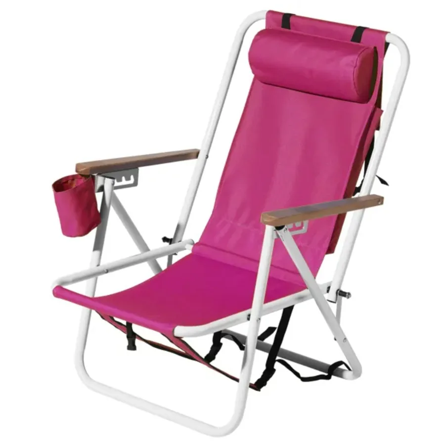 Folding Beach Chair 4 Position Portable Backpack Foldable Camping Chair with rest Cup Holder and Wooden Armrests Pink