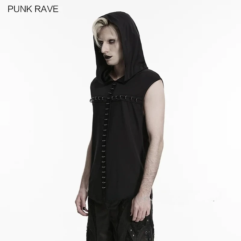 PUNK RAVE Men's Goth Elastic Knitted Dark Hooded T-shirt Mysterious Cool Vibe Chest Metal Semi-circular Cross Rock Music Top