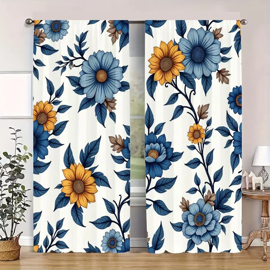 Decorative Blue and Yellow Floral Print Curtain Pair 2pcs for Living Room Bedroom Window Home Decor Drapes